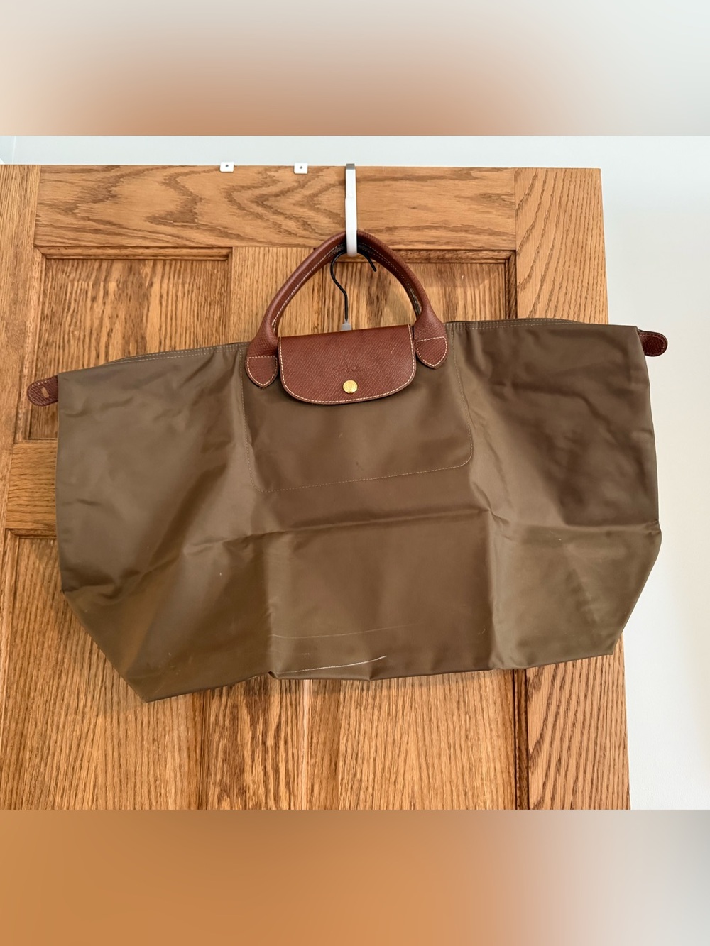 Longchamp Foldable Tote Olive Green with Brown Trim